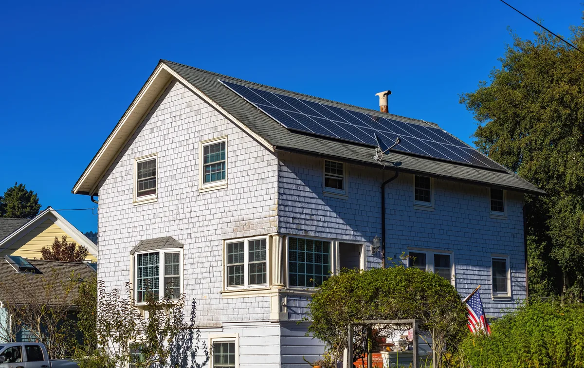 Solar panels installed across the roof of a residential home