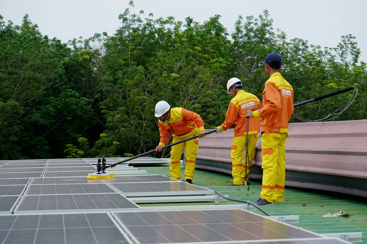 Technician inspecting and cleaning a rooftop solar panel array